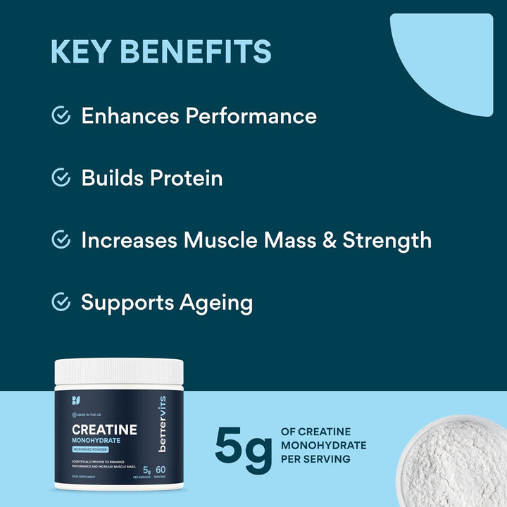 Creatine Monohydrate Powder | Ideal for Muscle Growth & Recovery - Unflavoured Creatine 5G | 100% Pure Micronised Creatine Powder | Supports Strength Performance | 60 Servings