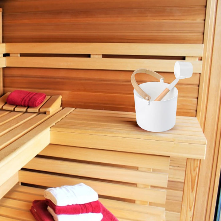 Finnish Sauna Bucket - 7L Aluminium Water Cane, Turkish Package Set | Elegant Wooden Look with Heat Resistant Handle and Matching Spoon, Ideal for Spa and Ses