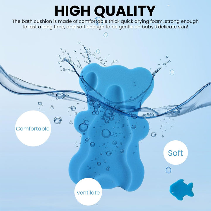 Baby Bath Sponge with Support Pillow, Anti-Slip Foam Baby Bath Cushion & Holder, Antimicrobial Blue Bath Mat for Infant Care & Newborn