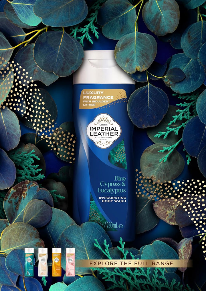 Blue Cypress & Eucalyptus Body Wash Shower Gel, Signature Oil Blend, Creamy Indulgent Lather, Luxury Fragrance, Bulk Buy, Pack of 6 X 250Ml