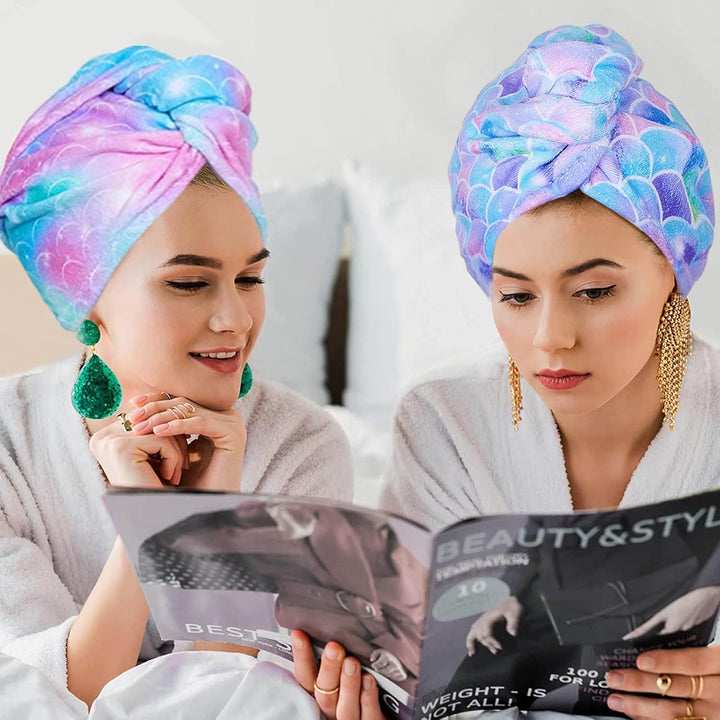 2 Pack Microfibre Hair Towels - Quick Drying & Ultra Absorbent, with Button. Designed for Wet Hair Wraps, Women'S & Girls' (Mermaid)