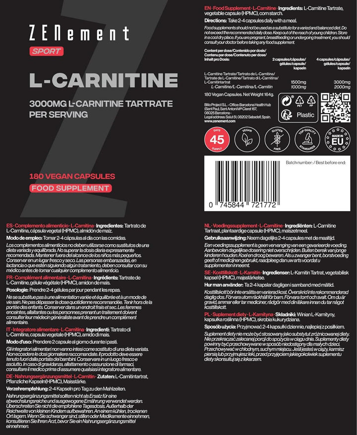L-Carnitine 3000 Mg – 180 High-Dosage Capsules – for an Active Lifestyle – Vegan Capsules, Free from Gluten, Lactose & Soy – Sports Supplement –