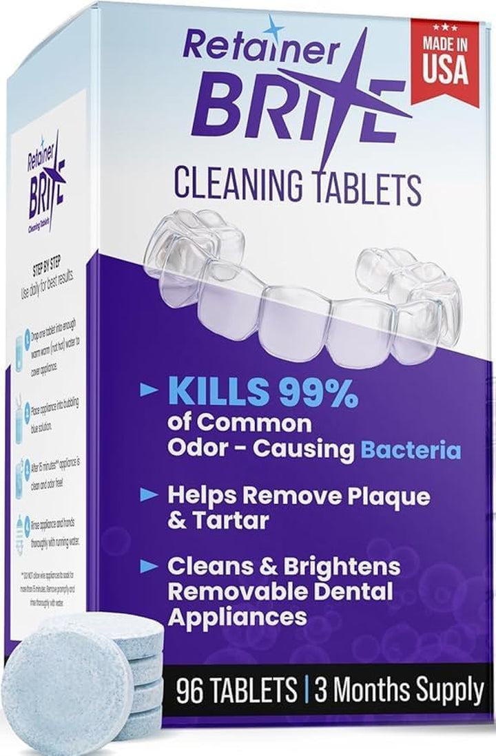 Retainer Brite Cleaning Tablets 96 Pack – Retainer Cleaner & Denture Cleaning Tablets with Retainer Box & Brushes – Aligner & Invisalign Cleaner for Teeth Retainers, Mouth Guard & Oral Hygiene