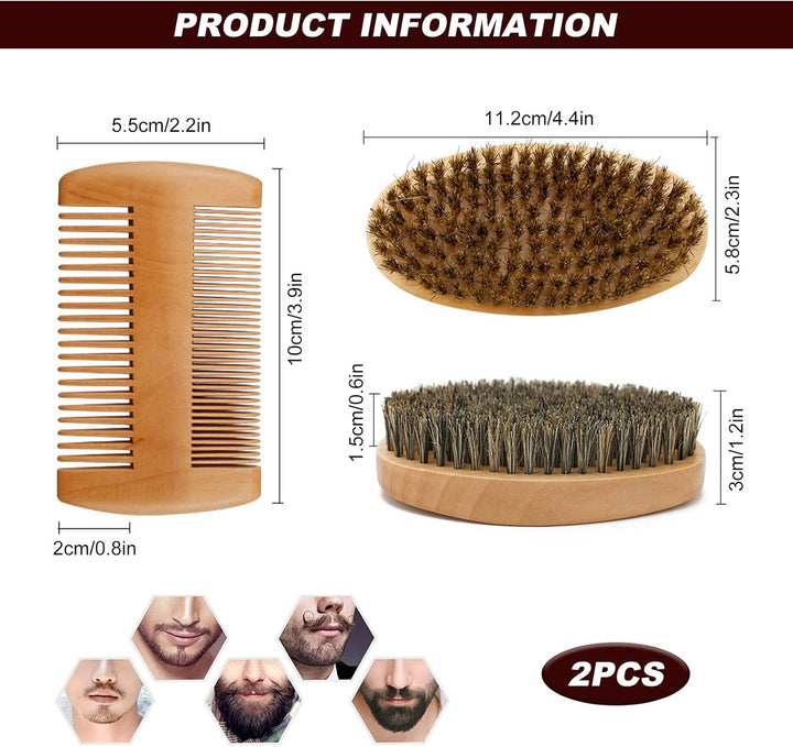 Beard Brush Comb Set for Men, Wooden Boar Bristle Hair Moustache Comb Beard Brush Set for Combing Beard Hair, Removing Debris, Massages Face