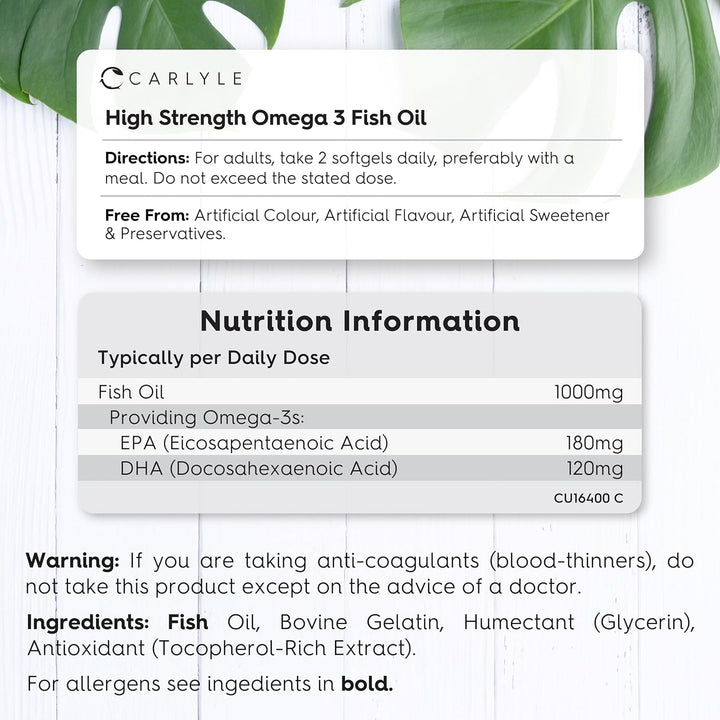 Omega 3 Fish Oil Capsules High Strength | Fatty Acids Supplement | 1000Mg with 180Mg of EPA and 120Mg of DHA | 180 Softgels | by