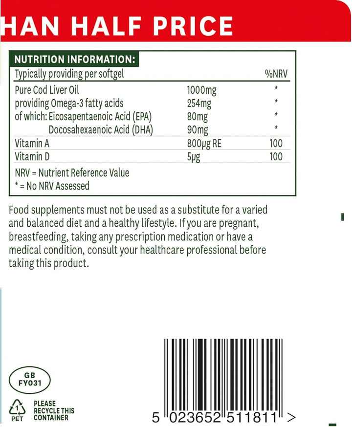 Cod Liver Oil 1000Mg Softgels – High Strength Omega-3 Fish Oil with Vitamins a & D – Supports Immune System, Heart Health, Brain, Vision, Joints – Non-Gmo – 180 Capsules