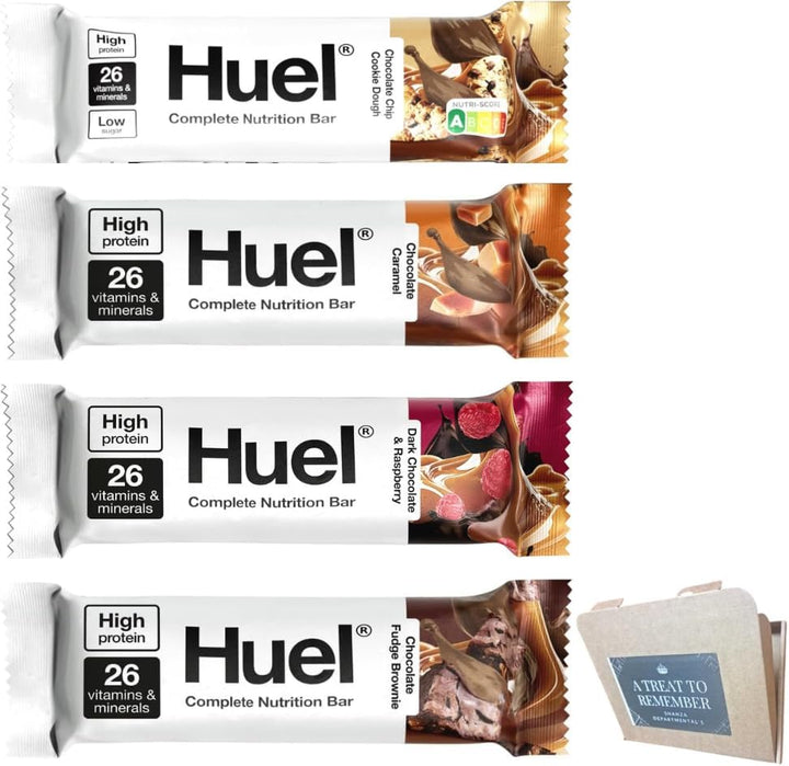 Huuel Complete Nutrition Bar Variety Pack 55G– 4 Flavours (Chocolate Chip Cookie Dough,Chocolate Caramel, Dark Chocolate Raspberry, Fudge Brownie)| (4 Bars, 4 Flavours Variety Pack)