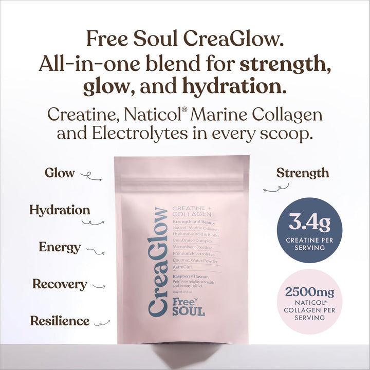 Creaglow™ Naticol Marine Collagen + Creatine Monohydrate + Electrolytes Powder | Glow & Strength All in 1 with Magnesium, Vitamin C, Biotin & Hyaluronic Acid | Raspberry Flavoured |