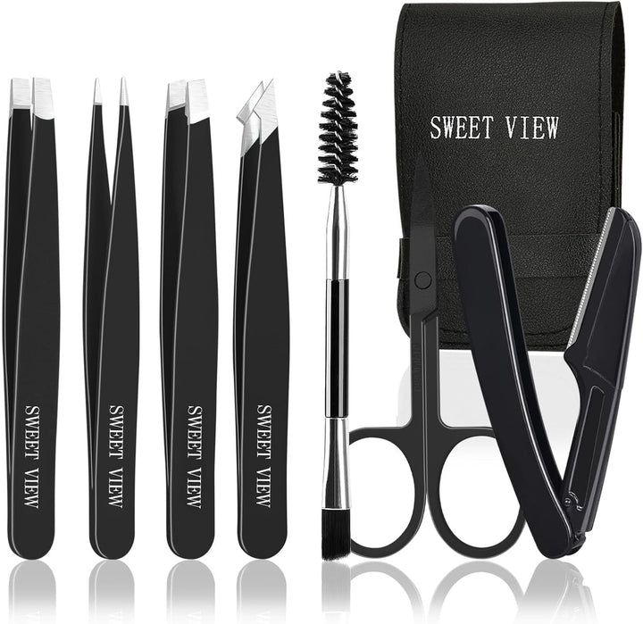 7Pcs Eyebrow Tweezers Kit for Women Precision Plucker with Brow Scissors & Razor & Spoolie for Facial, Chin, Brow, Splinter and Ingrown Hair