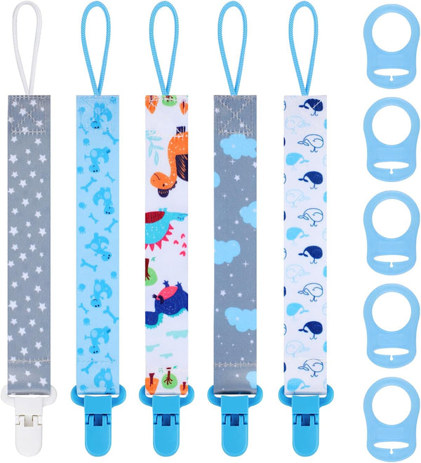 5 Pcs Dummy Clips with 5 Pcs Silicone Adapter, PP Material Baby Pacifier Clip for Boys, Soother Chain Holder Straps Teething Clips for Baby Teething Toys Baby Shower (Blue)