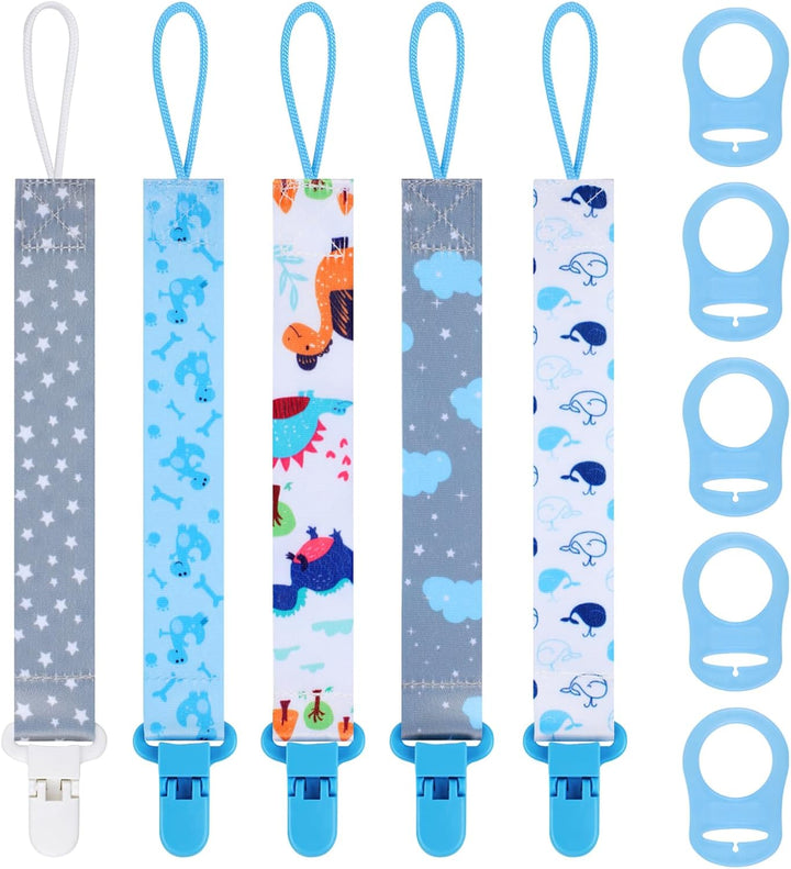 5 Pcs Dummy Clips with 5 Pcs Silicone Adapter, PP Material Baby Pacifier Clip for Boys, Soother Chain Holder Straps Teething Clips for Baby Teething Toys Baby Shower (Blue)
