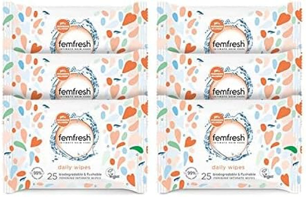 Intimate Wipes - Flushable & Biodegradable Disposable Feminine Hygiene Vaginal Cloths with Calendula & Aloe Extracts - Freshening, Soothing, Ph Balanced, Hypoallergenic – Pack of 6 X 25 Wipes