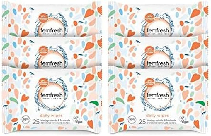 Intimate Wipes - Flushable & Biodegradable Disposable Feminine Hygiene Vaginal Cloths with Calendula & Aloe Extracts - Freshening, Soothing, Ph Balanced, Hypoallergenic – Pack of 6 X 25 Wipes