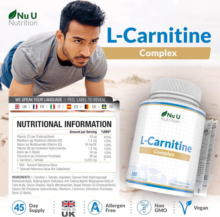L-Carnitine Tartrate Complex 2200Mg - 180 Vegan Capsules - with Chromium, Riboflavin, Biotin, Vitamin D, B3 & B6 - High Strength L Carnitine Supplement - Made in the UK -