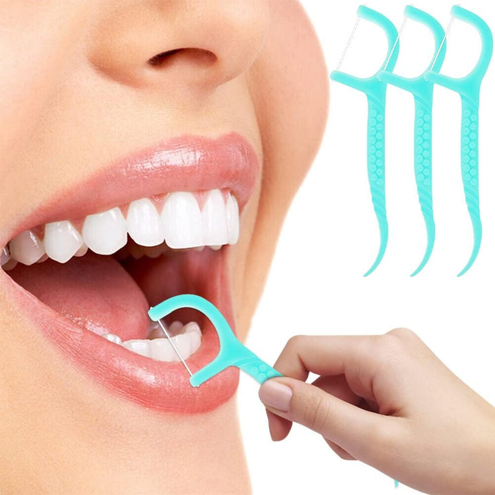 100 Pcs Dental Floss, Disposable Floss Sticks Dental, Portable Toothpicks Sticks, Interdental Cleaning Tool for Travel, Home, Office, Restaurant (Blue)