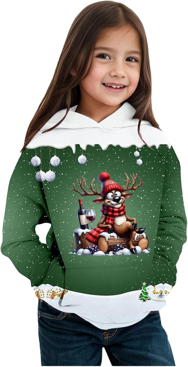 2025 Christmas Print Girls Hooded Sweatshirt Long Sleeve Pullover Top for Winter Holiday Festive Outfit Cozy Fleece Lined Soft Casual Wear