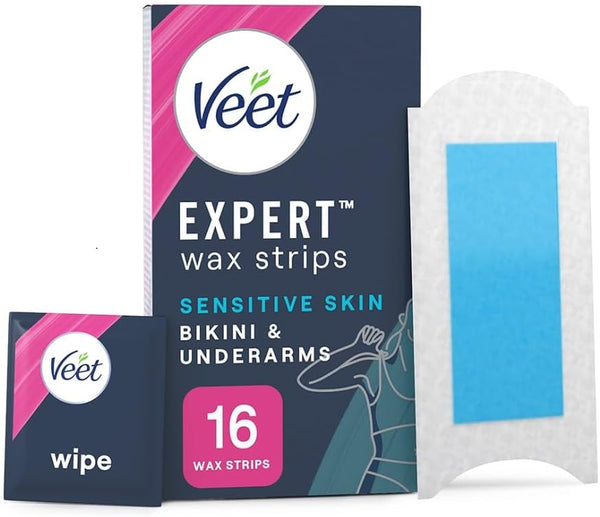 Cold Wax Strips Sensitive Skin, 16 Count + 3 Wipes, Brazilian & Bikini Hair Removal, Underarm Waxing with Almond Oil, Expert Formula Men, Smooth Finish