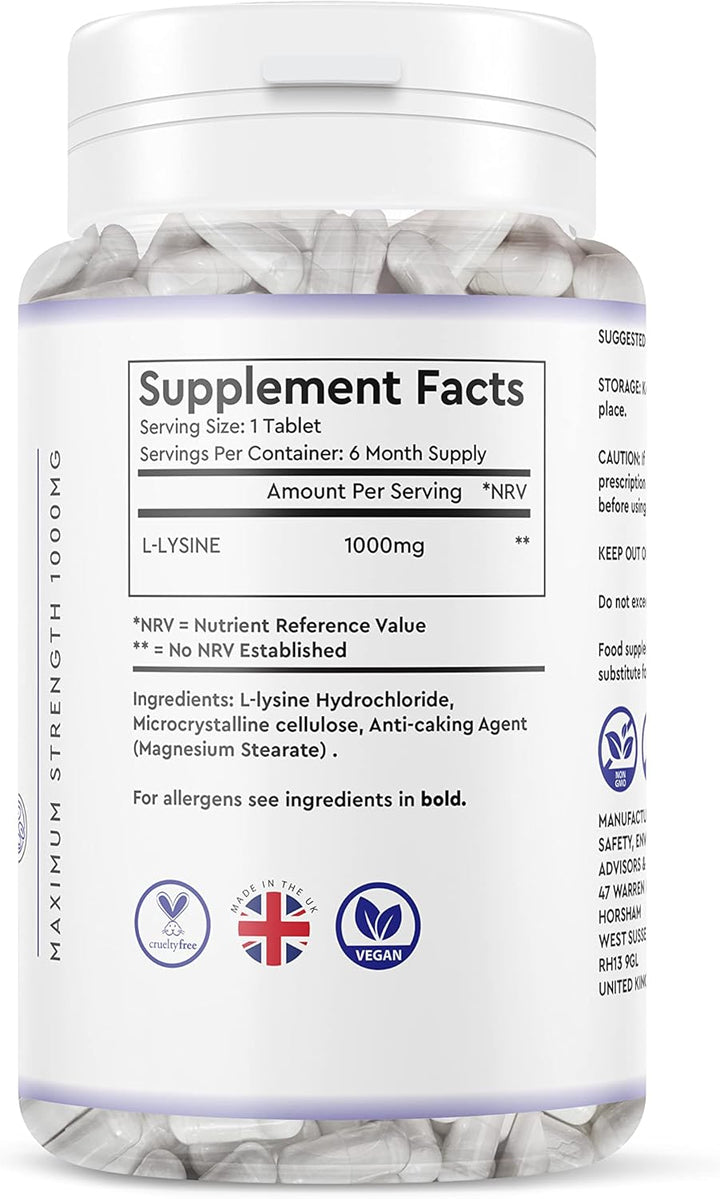 L-LYSINE 1000MG - 180 Vegan Tablets - 6 Month Supply - High Strength Essential Amino Acid
