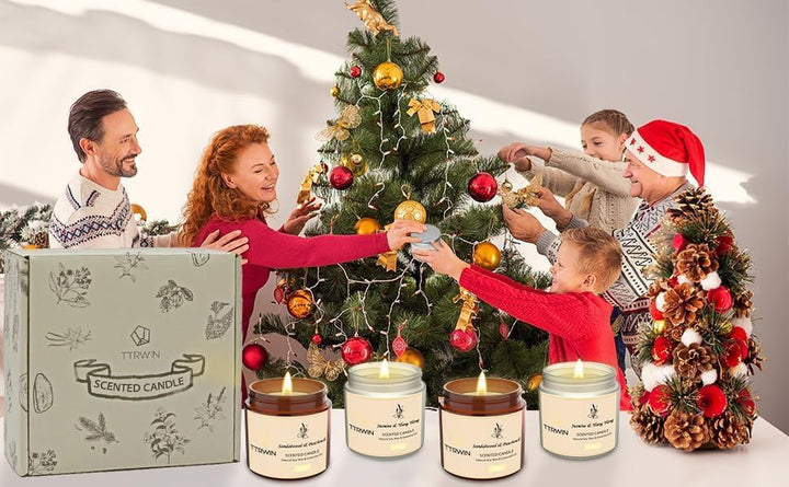 Scented Candles Gift Set, 4 Pack Natural Soy Candles: Jasmine & Ylang Ylang, Sandalwood & Patchouli, Fir & Cedarwood, Vanilla & Amber, Aromatherapy Gift for Christmas Birthday