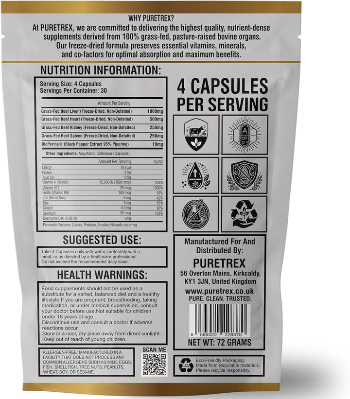 Grass-Fed Beef Organs Complex – Liver, Heart, Kidney, Spleen, Bioperine® – Freeze-Dried, Non-Defatted – 120 Capsules, Gmo-Free, Halal, UK Made, High Nutrient Retention