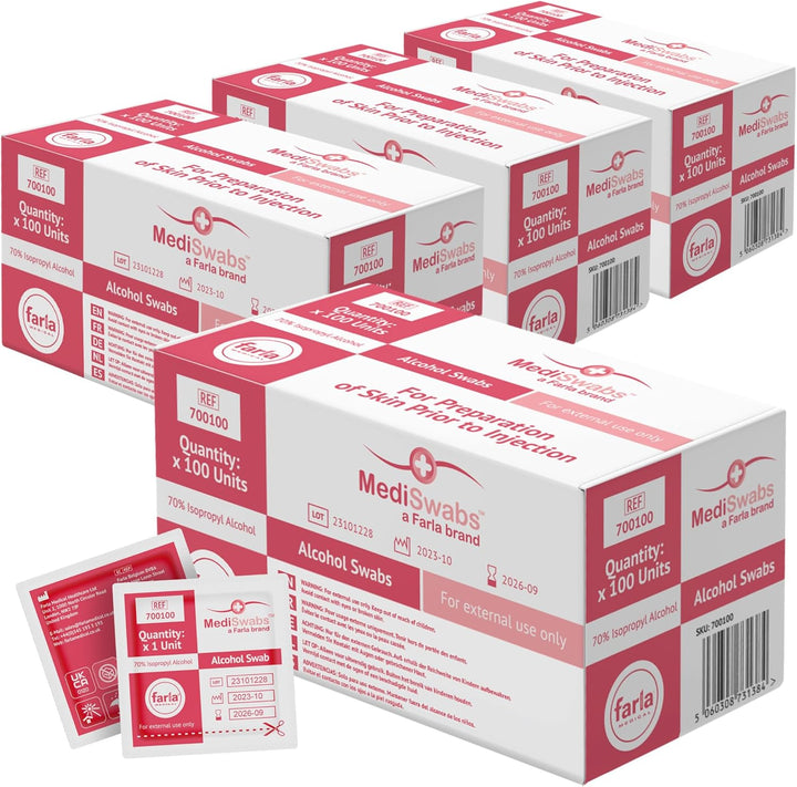 Mediswabs Pre Injection Alcohol Wipes (X100), Antiseptic Wipes with 70% Isopropyl Alcohol Sachets, Individually Wrapped Disposable Wound Cleaning Wipes, First Aid/Medical Use