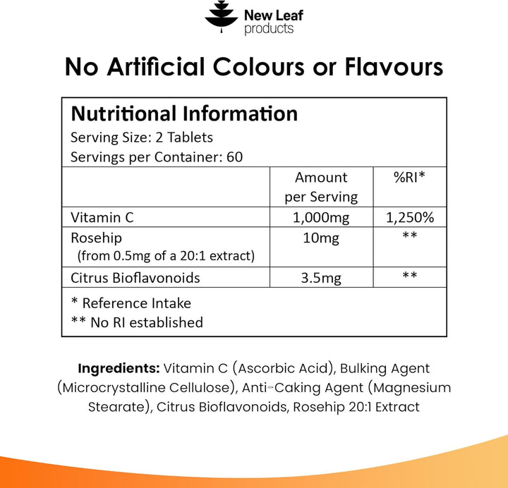 Vitamin C Tablets 1000Mg - Enriched with Bioflavonoids & Rosehip - Premium Vitamin C Supplements - Vegan Tablets High Strength Ascorbic Acid VIT C for Normal Immune System UK Made