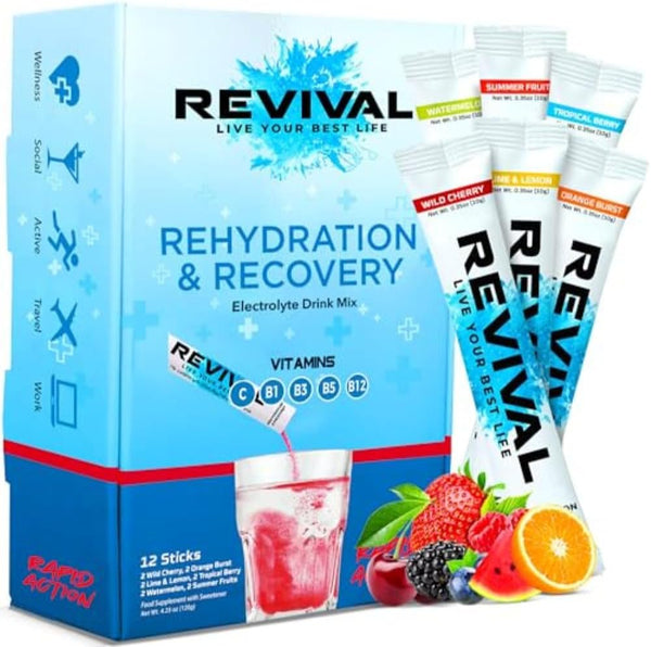 Revival Rapid Rehydration Electrolytes Powder - High Strength Vitamin C, B1, B3, B5, B12 Supplement Sachet Drink, Effervescent Electrolyte Hydration Tablets - 12 Pack Assorted Flavours