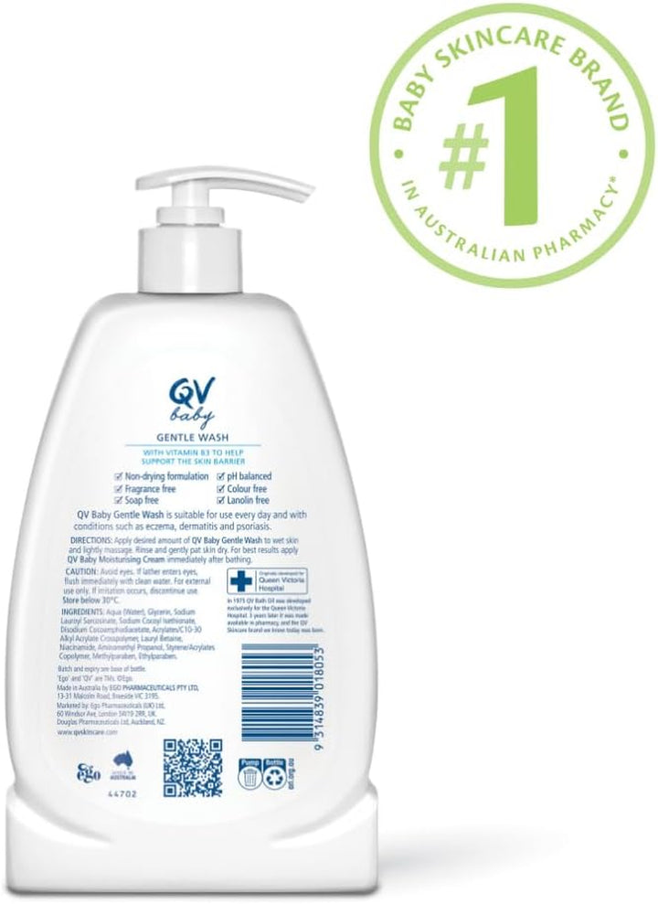 Baby Gentle Wash 500Ml - with Vitamin B3 & Glycerin, Delicate Soap-Free, Ph-Balanced for Everyday Use Suitable for Face, Body & Hair, Body Wash for Sensitive Skin, Eczema, Psoriasis, Bath