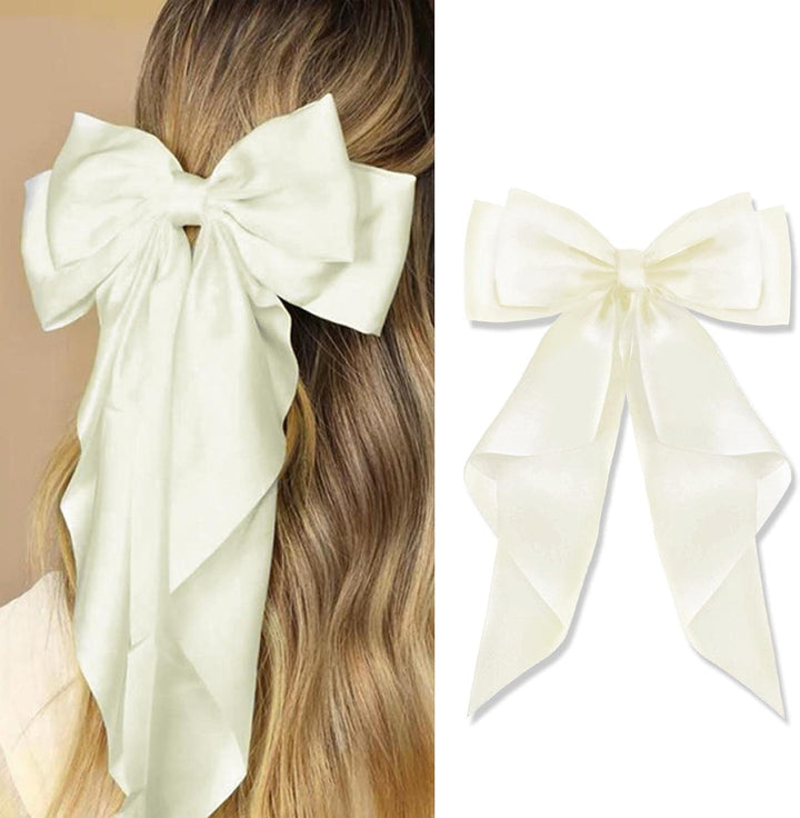 2 PCS Big Bow Hair Clips with Long Silky Satin, Solid Color French Barrette Simple Hair Fastener Accessories for Women Girls