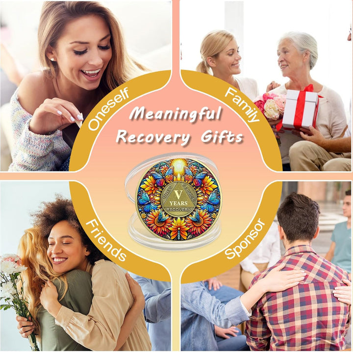 Sobriety Coin, 5 Year Sunflower Butterfly Sobriety Chip AA Coin and Medallions One Day at a Time Sober Token Narcotics Alcoholics Anonymous Recovery Gifts