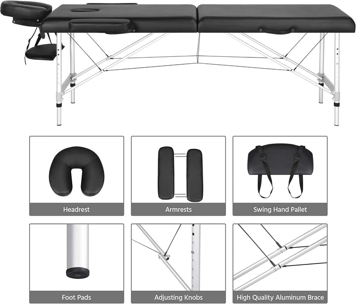 Foldable Massage Bed Portable Lash Table Beauty Bed Professional Salon Spa Table Aluminum 60 Cm Width 2 Section Black