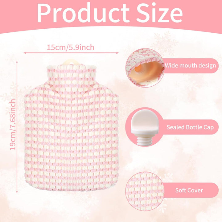 Hot Water Bottle, 500ML Small Hot Water Bottle with Cover Stripe Style Hand Warmer with Soft Premium Faux Fur Cover 2-In-1 Bottles for Cold & Hots Compress Bag for Women Seniors(Pink)