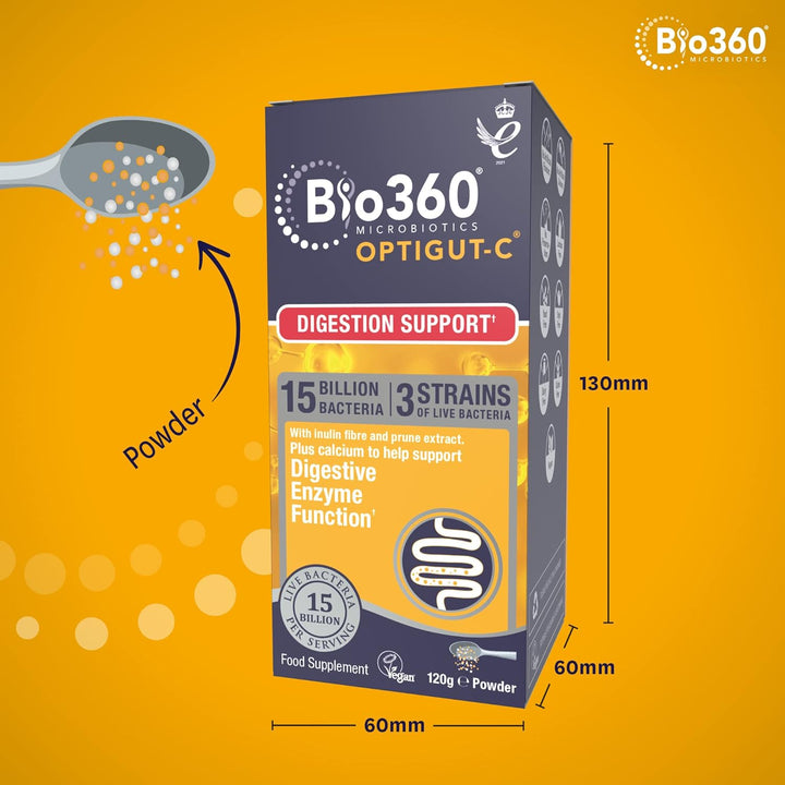 Bio360 Optigut-C Powder 120G – 15 Billion Live Bacteria Cultures – Supports Digestion, Gut Flora, Digestive Health, Immune System – High Potency, Vegan, Non-Gmo, Gluten-Free Microbiotic