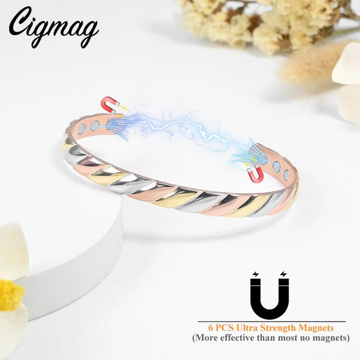 Lymphatic Drainage Copper Bracelet for Women Ultra Strength Magnet Solid Pure Copper Magnetic Bracelet Adjustable Cuff Bangle with Present Box (Tricolour Pattern)