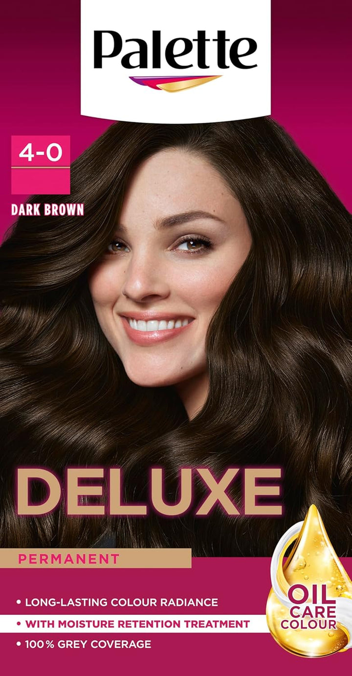 Deluxe Creme Colouration 4-0 Dark Brown Hair Dye, Permanent Hair Dye, Long-Lasting Hair Colouring with Moisture Retention Treatment and 100% Grey Coverage
