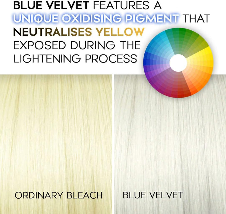 Professional Hair Bleach,  Blue Velvet, Premium Hair Lightener, 9 Levels of Lift, Inbuilt Blonde Toner, Perfect Bleach Hair Dye for Root Touch Up, Highlights, Balayage, Ombre (500G)