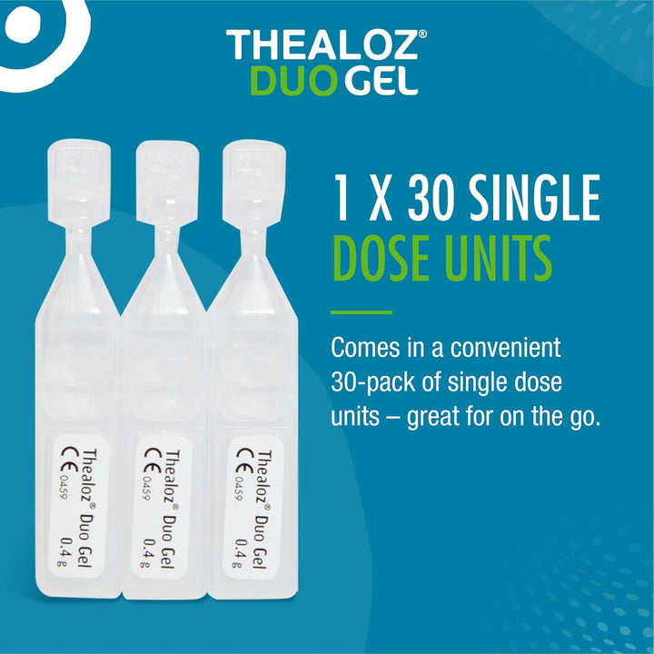 30 loz Duo Gel (Single Dose Units) Eye Drops - Longer-Lasting Relief for Dry, Tired & Sore Eyes |Ideal for Overnight Relief |Gentle, Preservative-Free Gel | 30 Single Dose Units