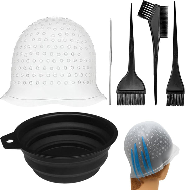 6 PCS Silicone Highlighting Cap and Hook Kit with 3 Brushes, Coloring Hook Needle Dye Bowl, Reusable Hair Highlighting Kit for Color Hair Hairdressing Dyeing Staining Tools for Women Men