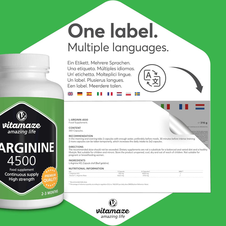 L-Arginine High Strength 4500 Mg per Daily Dosage - 360 Capsules of 750 Mg - Sport Performance Booster - Natural Supplement of Pure L Arginine without Additives, German Quality- Vitamaze