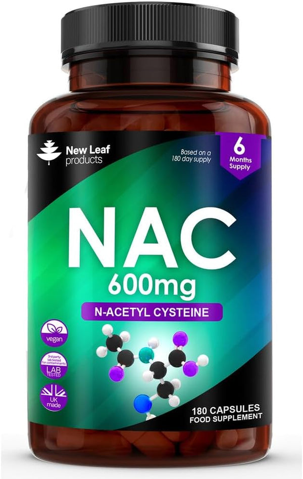 NAC N-Acetyl-Cysteine 600Mg Capsules N-Acetyl Cysteine Nutritional Supplements 180 NAC Capsules - Nac Supplement High Bioavailability Amino Acid - Vegan Friendly - Made in UK by New Leaf