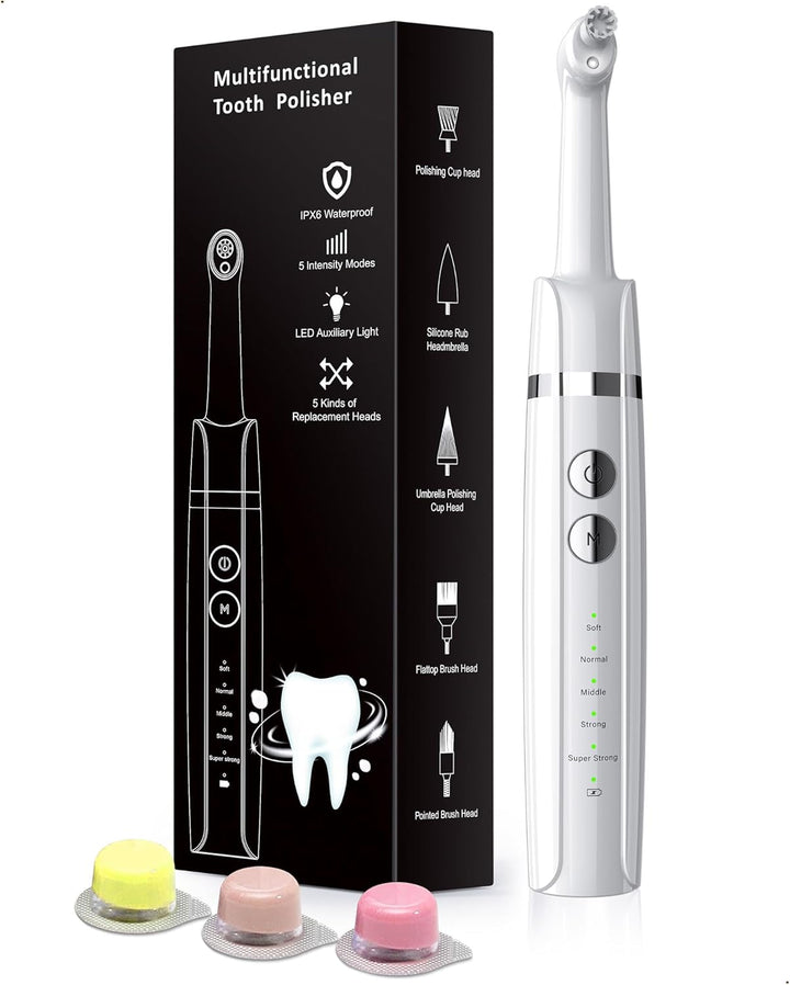 Tooth Polisher,  Teeth Whitening Kit with 5 Modes for Plaque Stain Removal Yellow Teeth, Teeth Polisher Stain Remover with 5 Heads & 3 Polishing Paste, Rechargeable