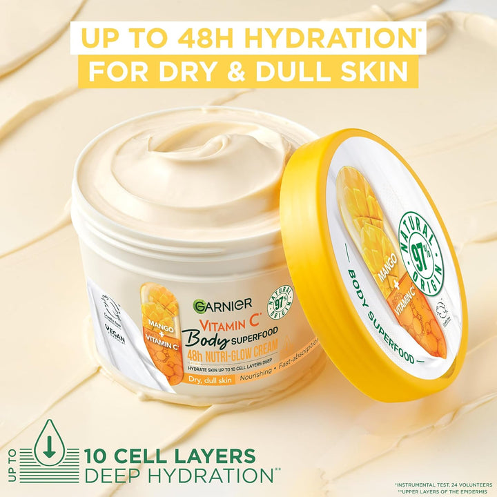 Body Superfood, Nutri Glow Body Cream, Vitamin C & Mango, for Dry & Dull Skin, Brightening & Glowing, Nourishing & Fast Absorbing, Vegan Formula, Approved by Cruelty Free International, 300Ml