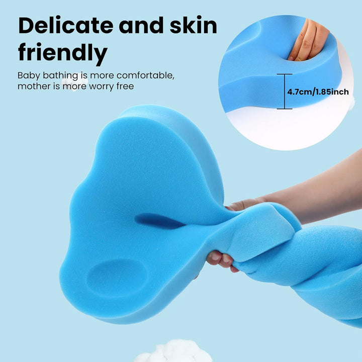 Baby Bath Sponge with Support Pillow, Anti-Slip Foam Baby Bath Cushion & Holder, Antimicrobial Blue Bath Mat for Infant Care & Newborn