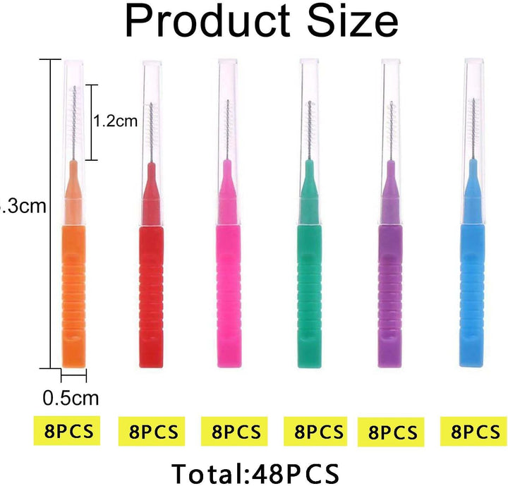 48 Pcs Interdental Brushes, Tooth Cleaning Tool for Cleaning Gaps between Teeth(6 Colors)