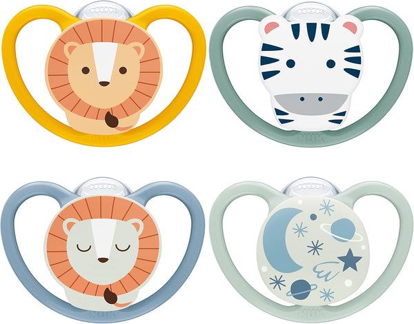 Space Day & Night Baby Dummy | 18-36 Months | Glow-In-The-Dark Soothers with Extra Ventilation for Sensitive Skin | Bpa-Free Silicone | Zebra & Lion | 4 Count