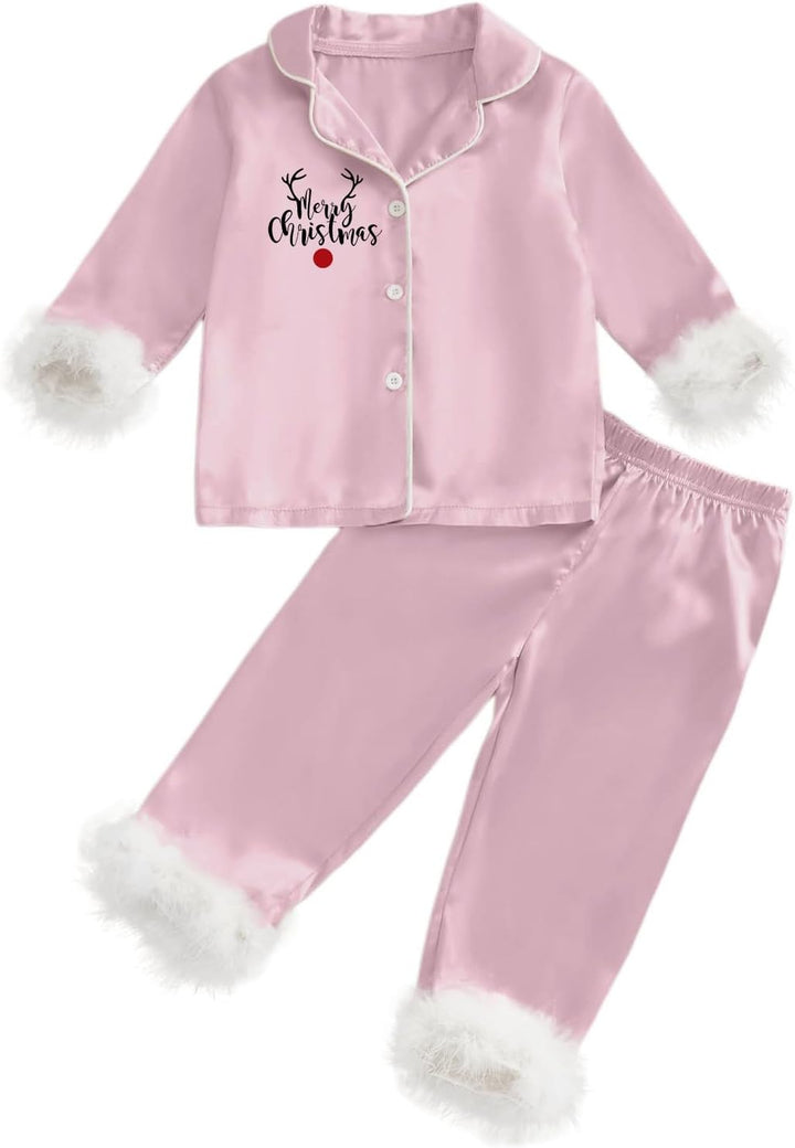 Children Cute Print Casual Comfort Pajamas Set Long Sleeve Shirt Trousers Two Sets Artificial Christmas Tree