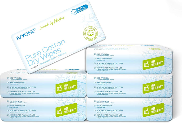 Pure Cotton Dry Wipes, 100 Wipes, Biodegradable, Chemical-Free and Plastic-Free Wipes, Perfect for Newborn Sensitive Skin