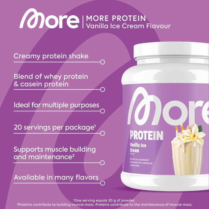 More Protein Whey Casein Protein Powder, Vanilla Ice Cream, 600 G, 1.32 Lbs, 20 Servings - with Lactase Casein protein, Slow-digesting protein, Protein supplement, Protein powder, Muscle recovery protein, Fitness protein, High protein, Natural protein, He
