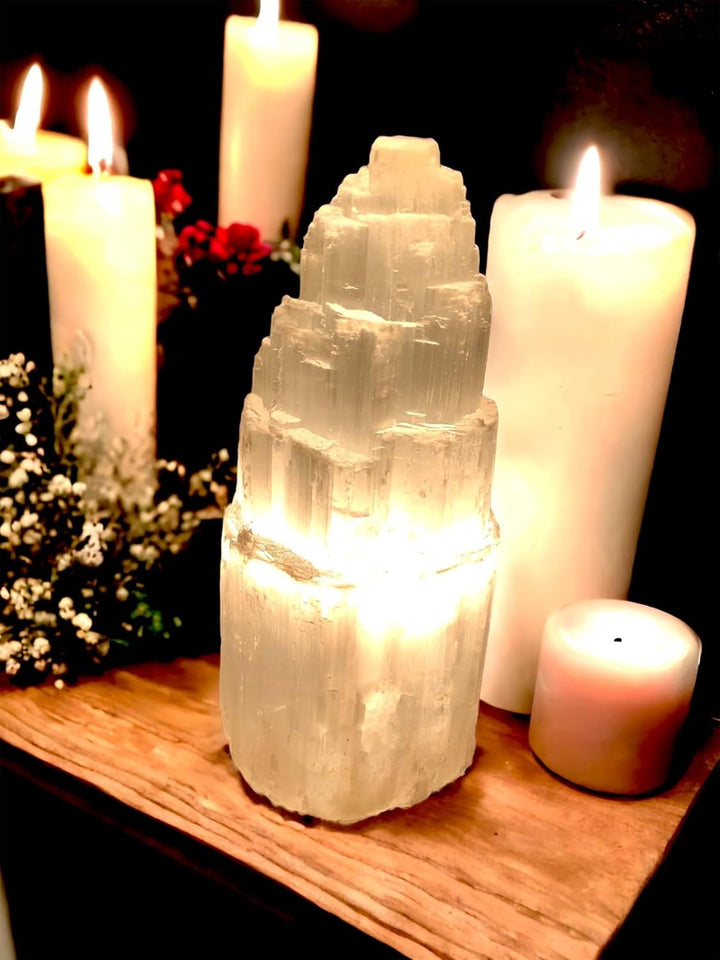 Selenite Crystal Lamp Handmade Natural White Selenite Tower Lamp Spiritual Healing Cleanse and Recharge Crystals Table Lamp Meditation Mineral Decoration Gift (30 Cm)