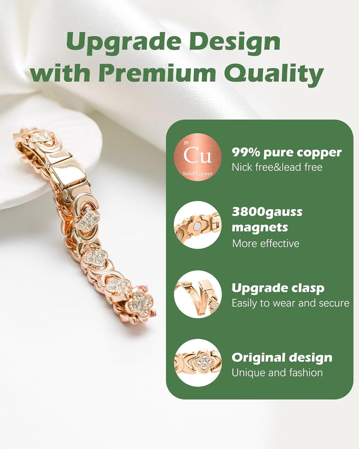 99% Copper Bracelet for Women,Magnetic Bracelet for Women with Lucky Clover Design,Adjustable Length with Sizing Tool in Gift Box
